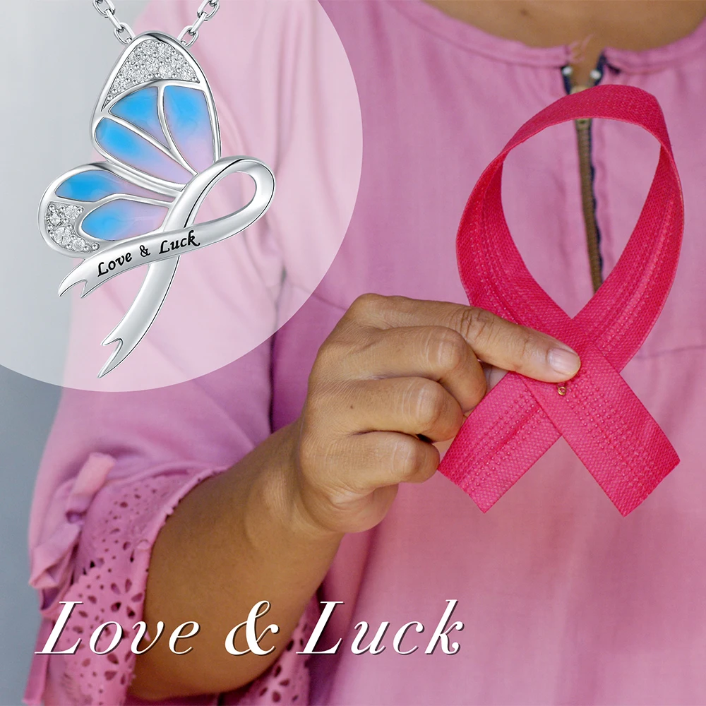 925 Sterling Silver Butterfly Love&Luck Breast Cancer Awareness Ribbon Pendant Jewelry For Women Cancer Patients Survivor Gifts