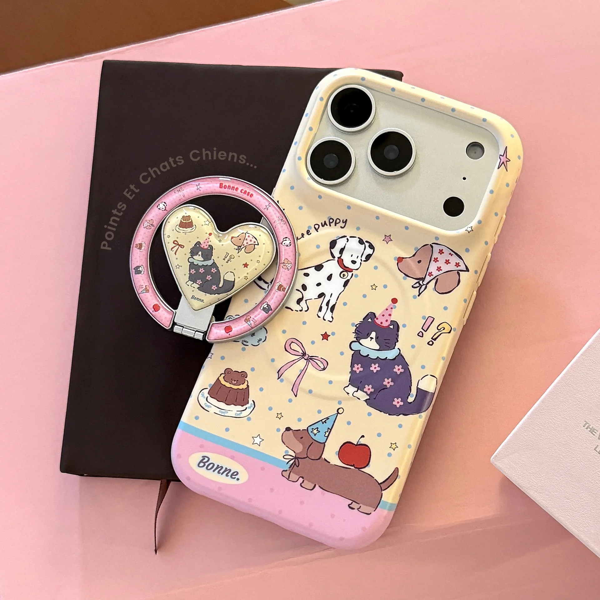 Funda Magnética Plegable con Diseño de Corazón y Dibujos Animados Coreanos de Cachorros y Gatos para iPhone 17 16 15 14 Pro Max, Antigolpes y Suave