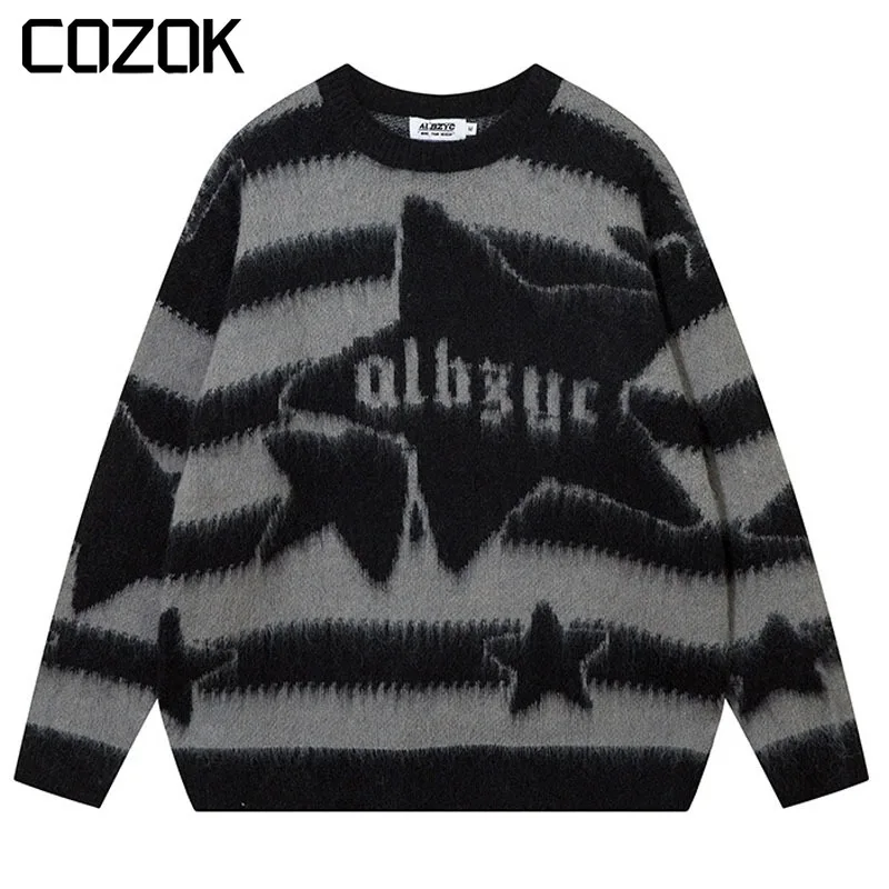 

Patchwork Loose Knitting Sweater Women Men Star Pattern Knitted Jumpers Autumn Street Harajuku Y2k Soft Knit Pullovers Couple