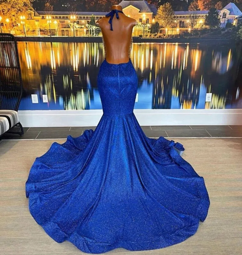 Royal Blue African American Prom Dresses Mermaid Halter Sequins Beaded Black Girls Robe De Soiree Evening Dress Gown Customized