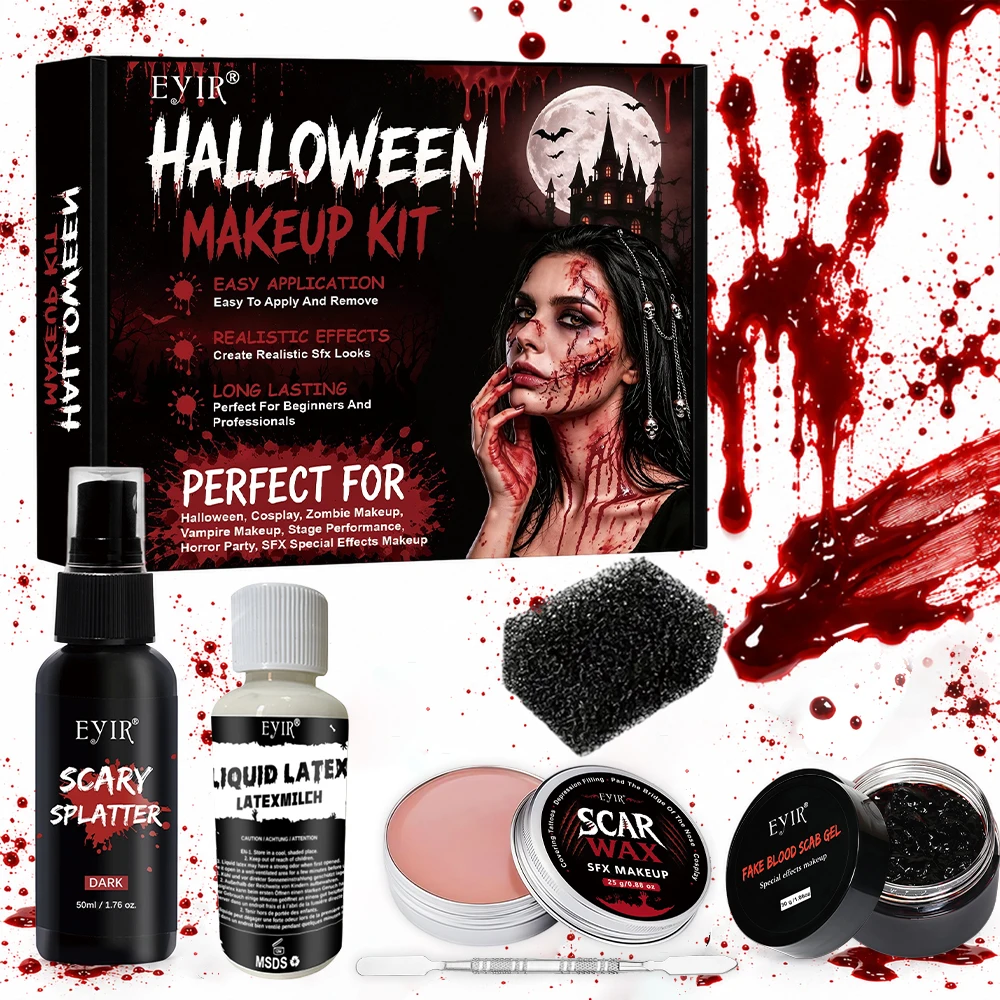 EYIR Halloween Special Effects Makeup Kit 6PCS Fake Blood Gel Spray Liquid Latex Scar Wax Sponge Tool for Cosplay Party