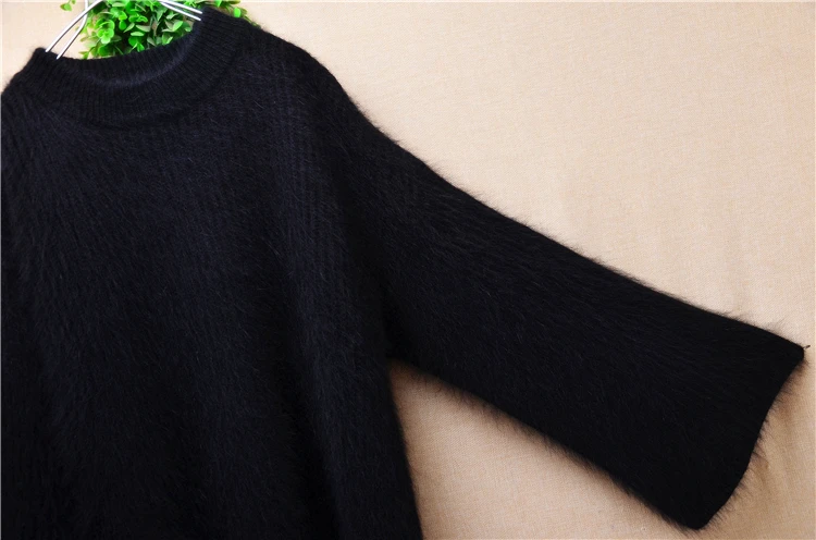 Female Women Spring Autumn Clothing Black Hairy Plush Mink Cashmere Knitted O-Neck Long Flare Sleeves Angora Fur Sweater Jumper