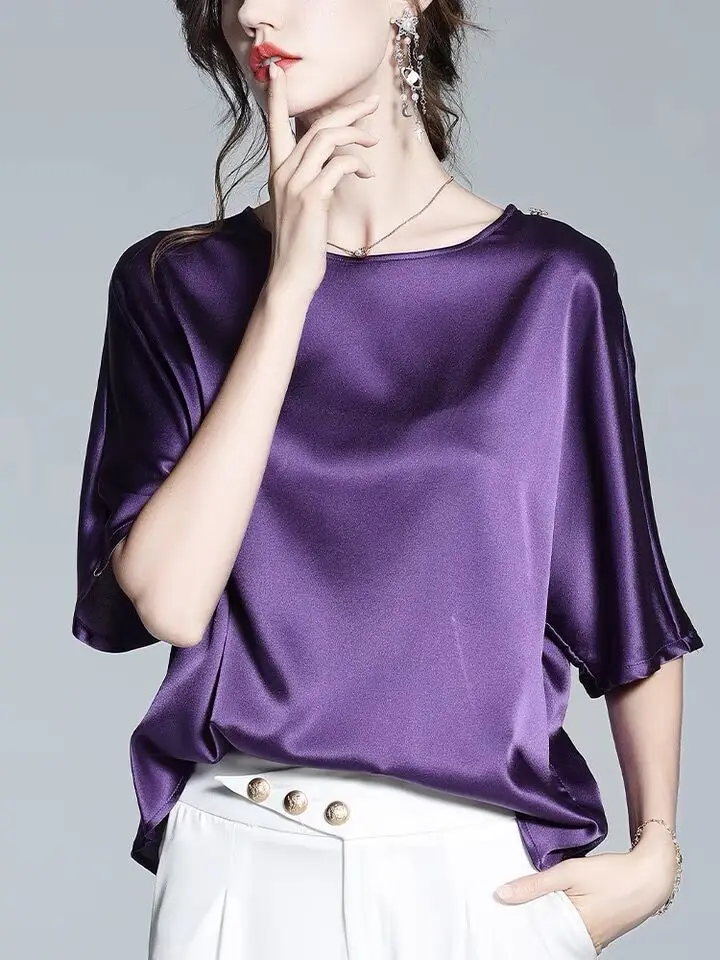 Angleterre élégant Vintage Blouse 2026 automne femmes chemise en soie glacée grande taille femmes demi manches acétate satin chemise couleur bonbon