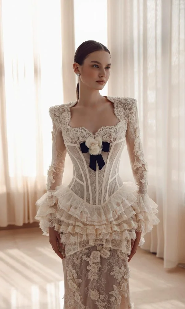 Vestido de sirena romántico gótico de lujo, vestido ajustado con corsé y lazo azul marino, apliques de encaje, fiesta de noche sin espalda, superventas, 2026