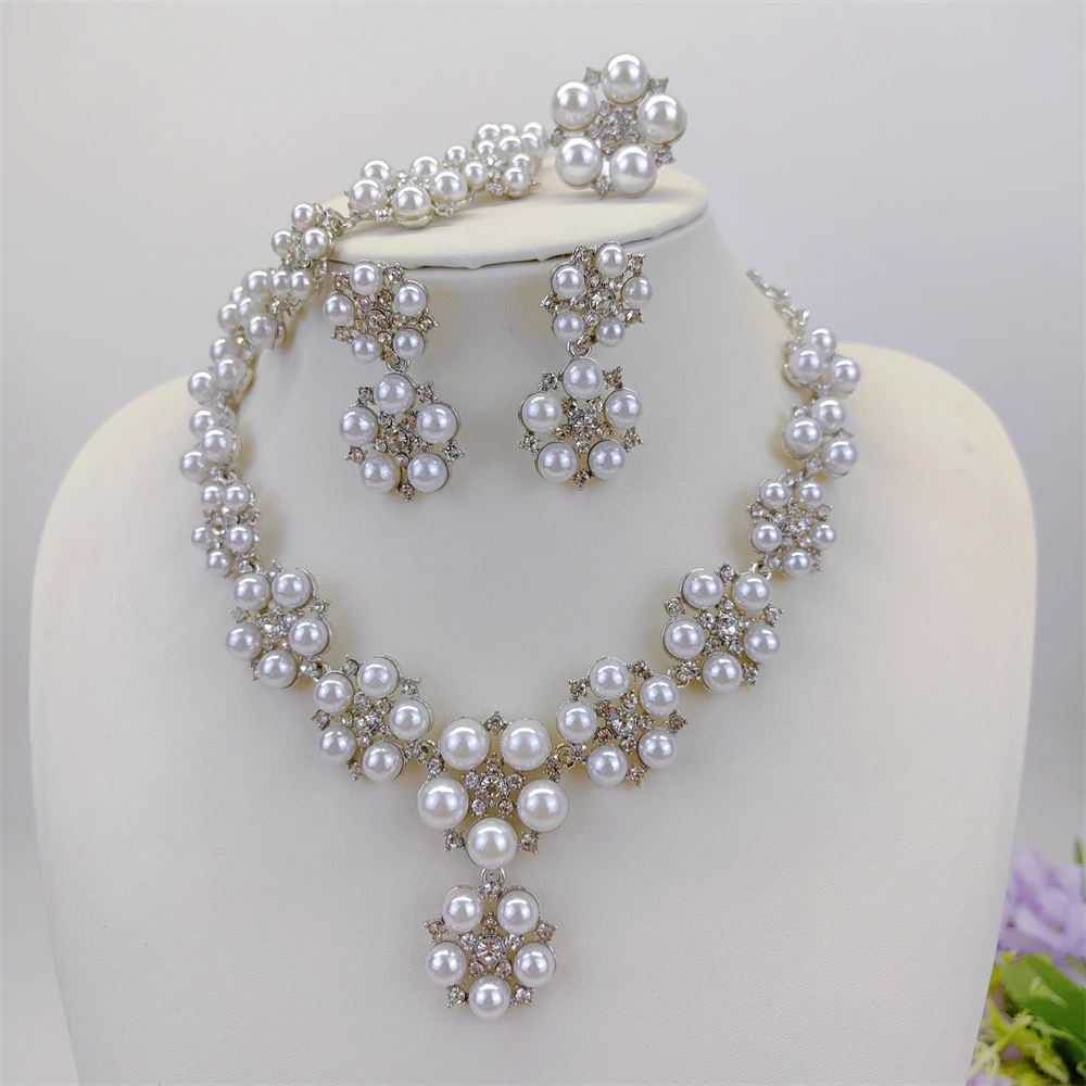 ESALE Dubai Jewelry Set Arabic Elegant Pearl Necklace Bracelet Earrings Nigeria Women Wedding Jewelrys