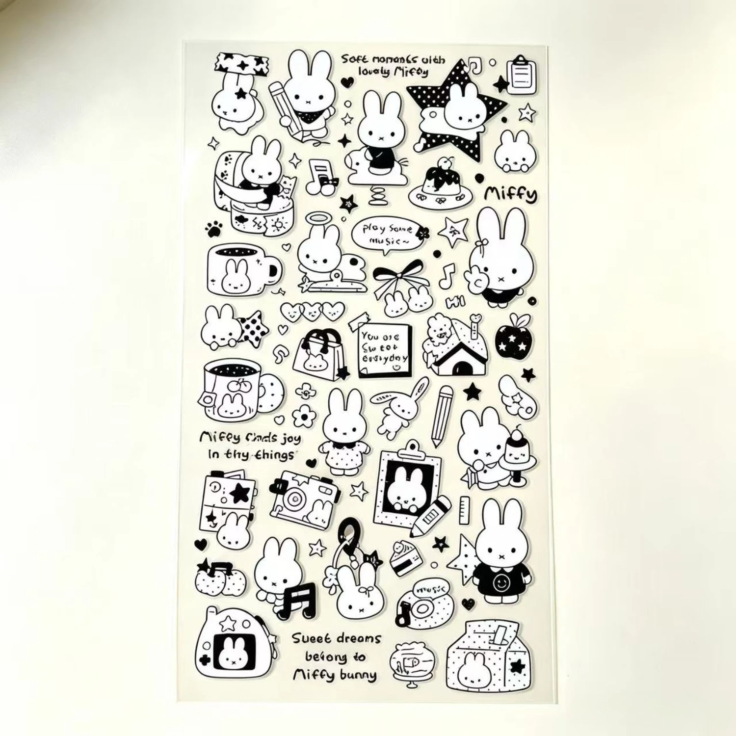 Miffy Bunny Clear Stickers Black White Cartoon Rabbit Transparent Decals Kawaii DIY Journal Scrapbooking Planner Notebook Decor