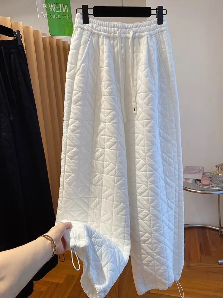 

Irregular diamond grid cotton straight leg wide leg pants for women loose and casual, ankle tied sports cotton pants,