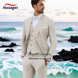 Summer Linen Suit for Men Beach Wedding Tuxedo Jacket Pants Vest 3-piece Set Groom Customized Blazer Set