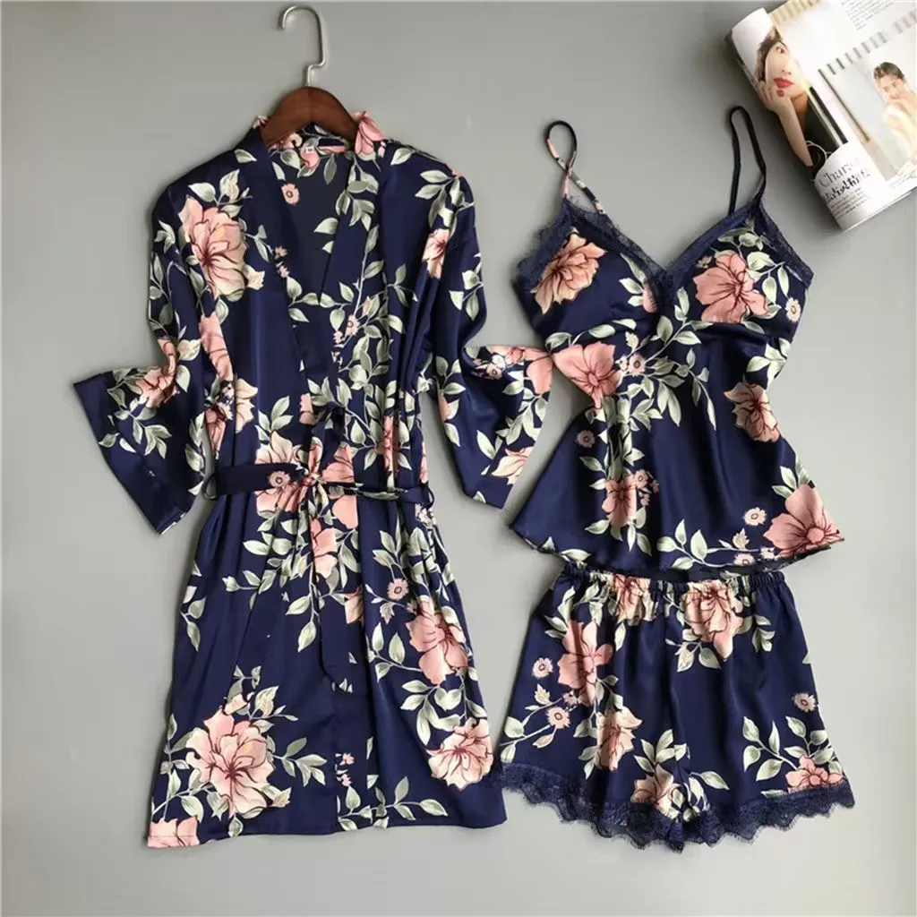 Night-Robe Nightgown Three-Piece Printed Robe Set Comfortable Casual Home Wear Sexy Pajama Dress bathrobe