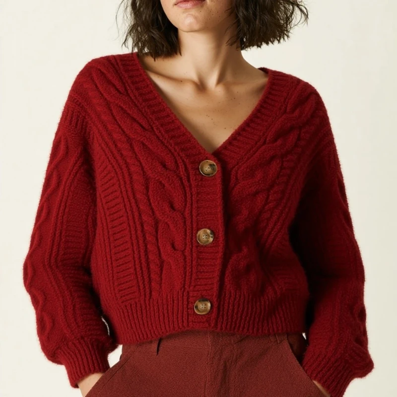 Nuevo Cárdigan Vintage Twist de otoño e invierno con cuello en V para mujer, suéter de manga larga, suéter de punto de un solo pecho, Chaqueta corta