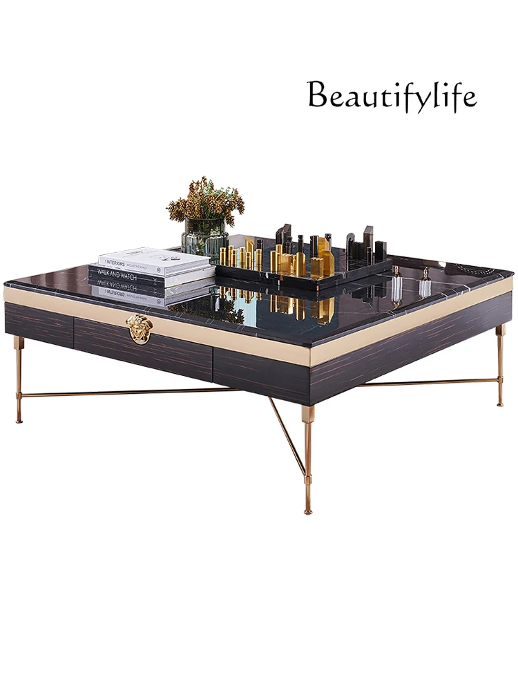 

European Entry Lux Coffee Table TV Cabinet Combination Minimalist Living Room Marble Countertop Stainless Steel Coffee Table