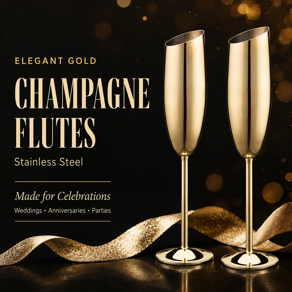 Elegant Gold Stainless Steel Champagne Flutes for Celebration Toasting Birthday Anniversary Bride Groom Mr Mrs Wedding Party