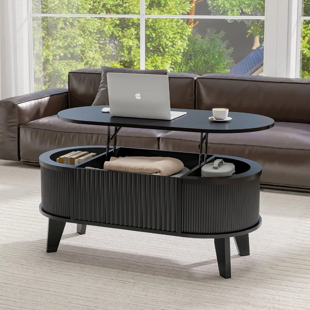 

Fluted Lift Top Coffee Table With Hidden Compartment, Modern Oval Coffee Table For Living Room, Home Office(black)