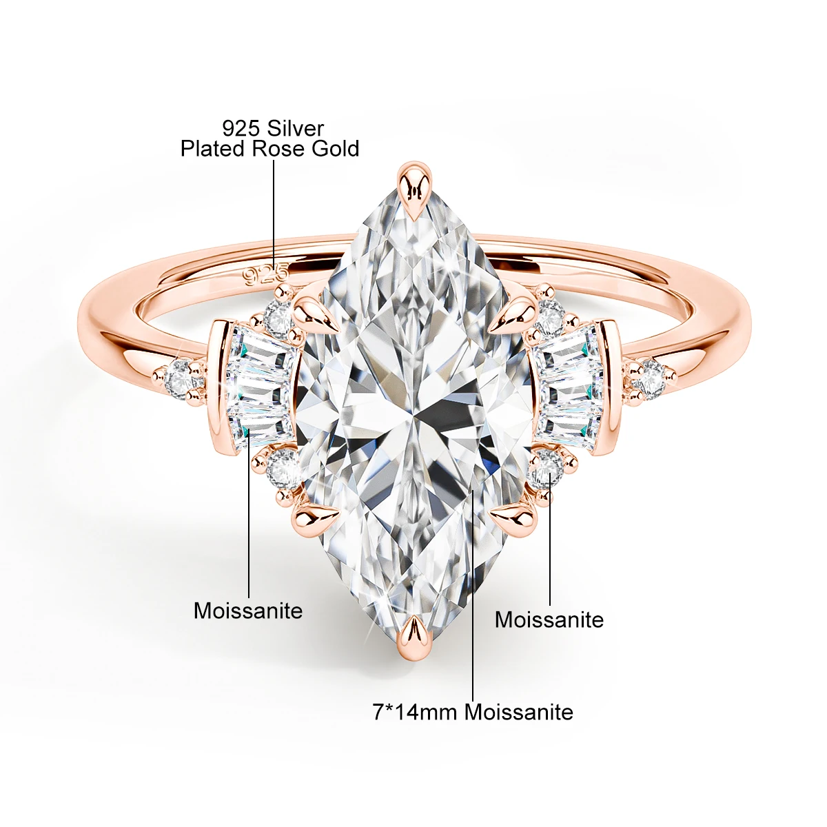 Luxuriöser Designer-Verlobungsring mit 3 Karat 7*14mm Marquise-Moissanit, Laborgezüchteter Diamantschmuck für Frauen, Hochzeitsgeschenk mit Zertifikat – Detail 1