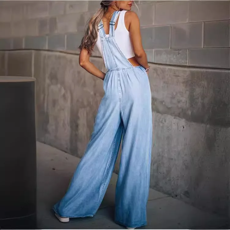 Women Loose Side Pocket Sleeveless Denim Overall Dresses Summer New
