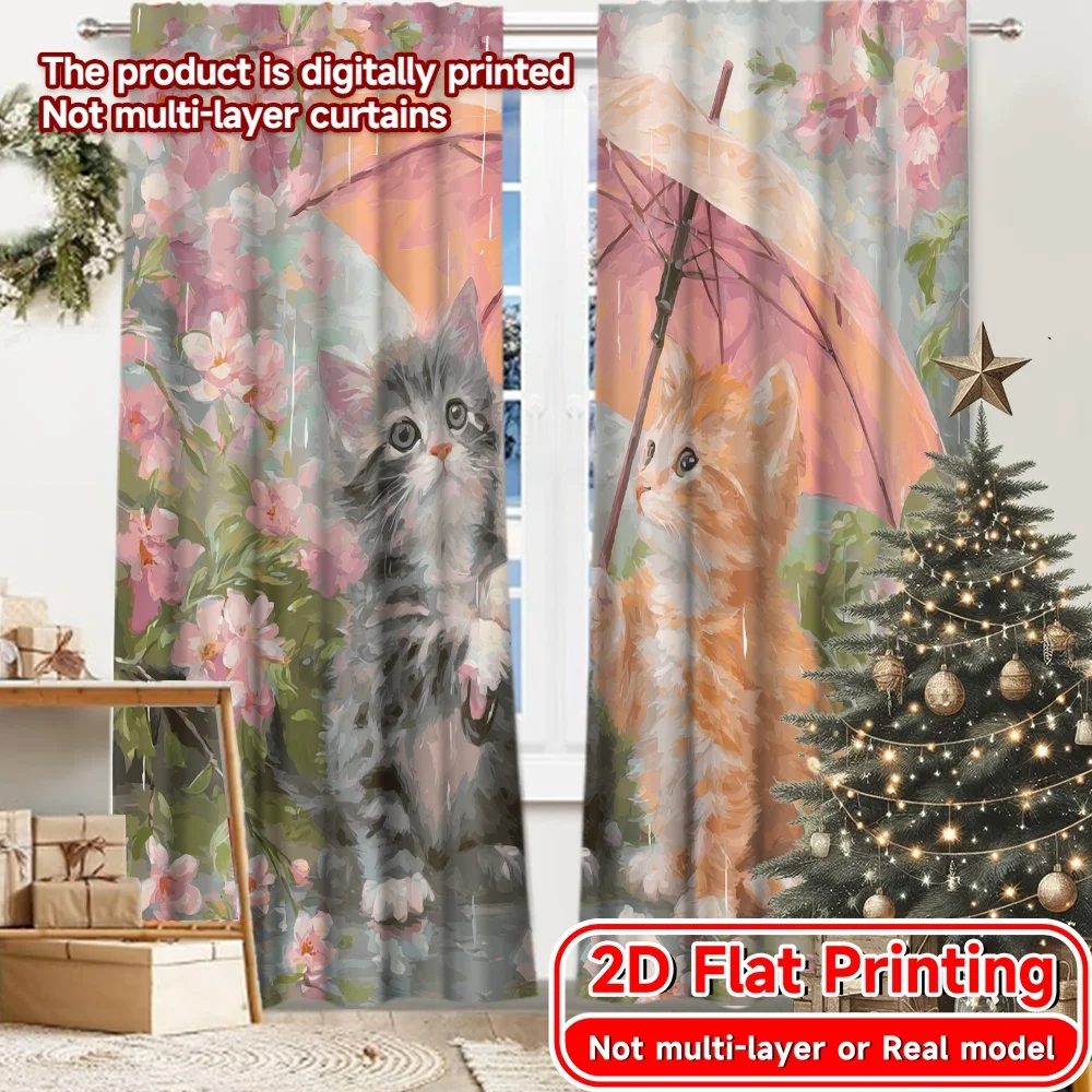 2D Flat Printing,2pcs Blossom Kittens Modern Contemporary Curtains Versatile 100% Polyester Curtains Festive Perfect for Living