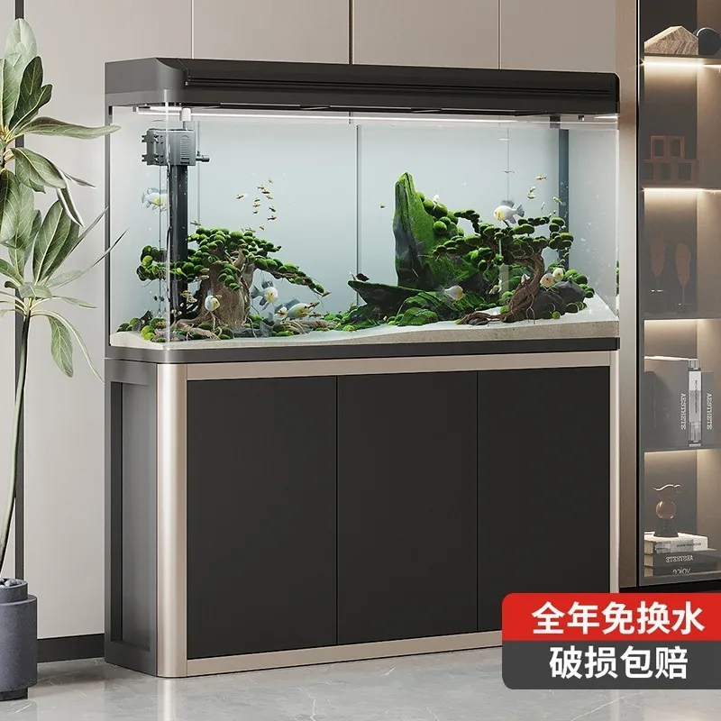 Fish tank living room aquarium large, medium and small household lazy water-free glass with bottom cabinet ecological floor gold