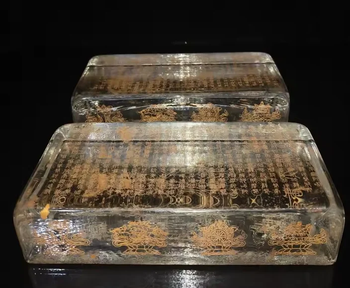 1pcs Antiques China Tibetan Buddhism Eight Auspicious Symbols Crystal Brick Carved Buddhist Scriptures Religious Decorations