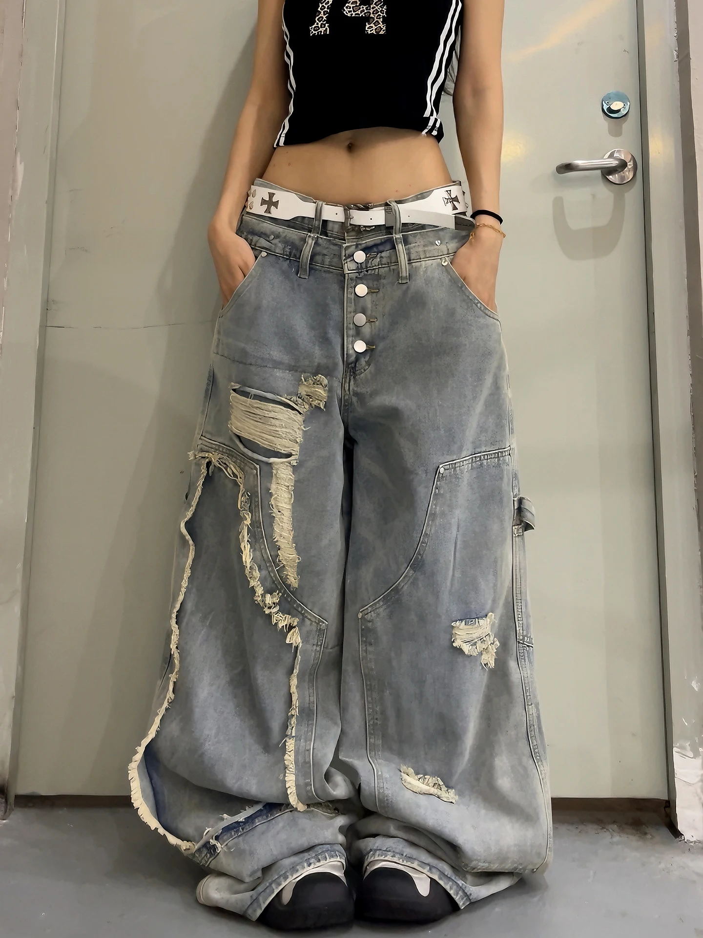 

Washed Vintage Straight Leg Jeans Men Women Heavy Duty Double Waist Destruction Jeans Casual Street Style Cotton Pants