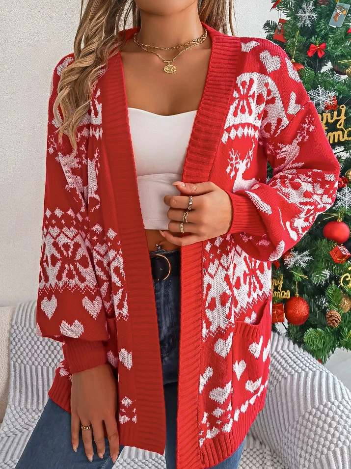 Cardigan for Women 2024 Autumn Fashion Christmas Reindeer Print Pocket Design Long Sleeved Open Front Sweater Cardigan