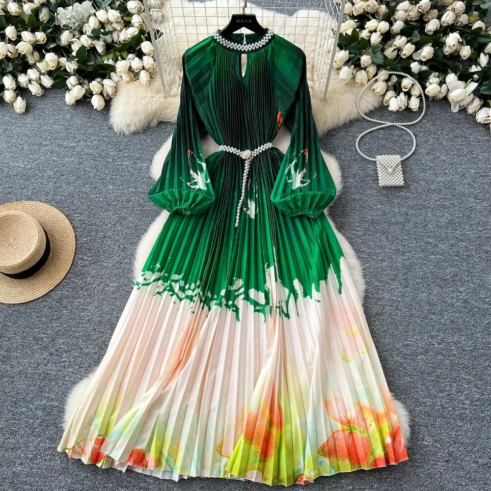Vintage elegancka plisowana, drążona, z nadrukiem O Neck sukienka z rękawami typu lampion A-line moda wiosna jesień Vestidos sukienki damskie