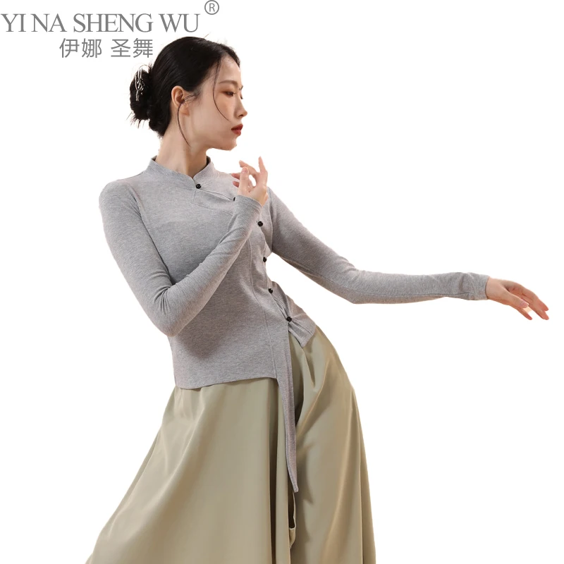 Women Chinese Traditional Top Classical Dance Long Sleeve Modern Dance Shirt Basic Training Tee Black Blouse Body Rhyme Garment