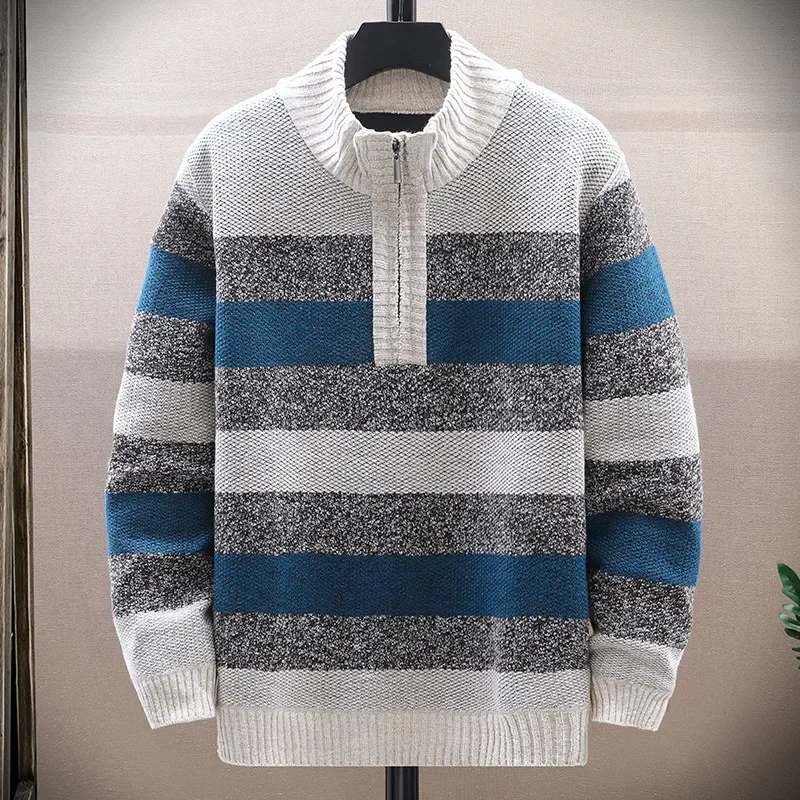 Autumn Winter Men's Stand Collar Knit Pullovers Fashion Striped Half Zipper Thick Fleece Knitted Sweater Men Casual Warm Sweater