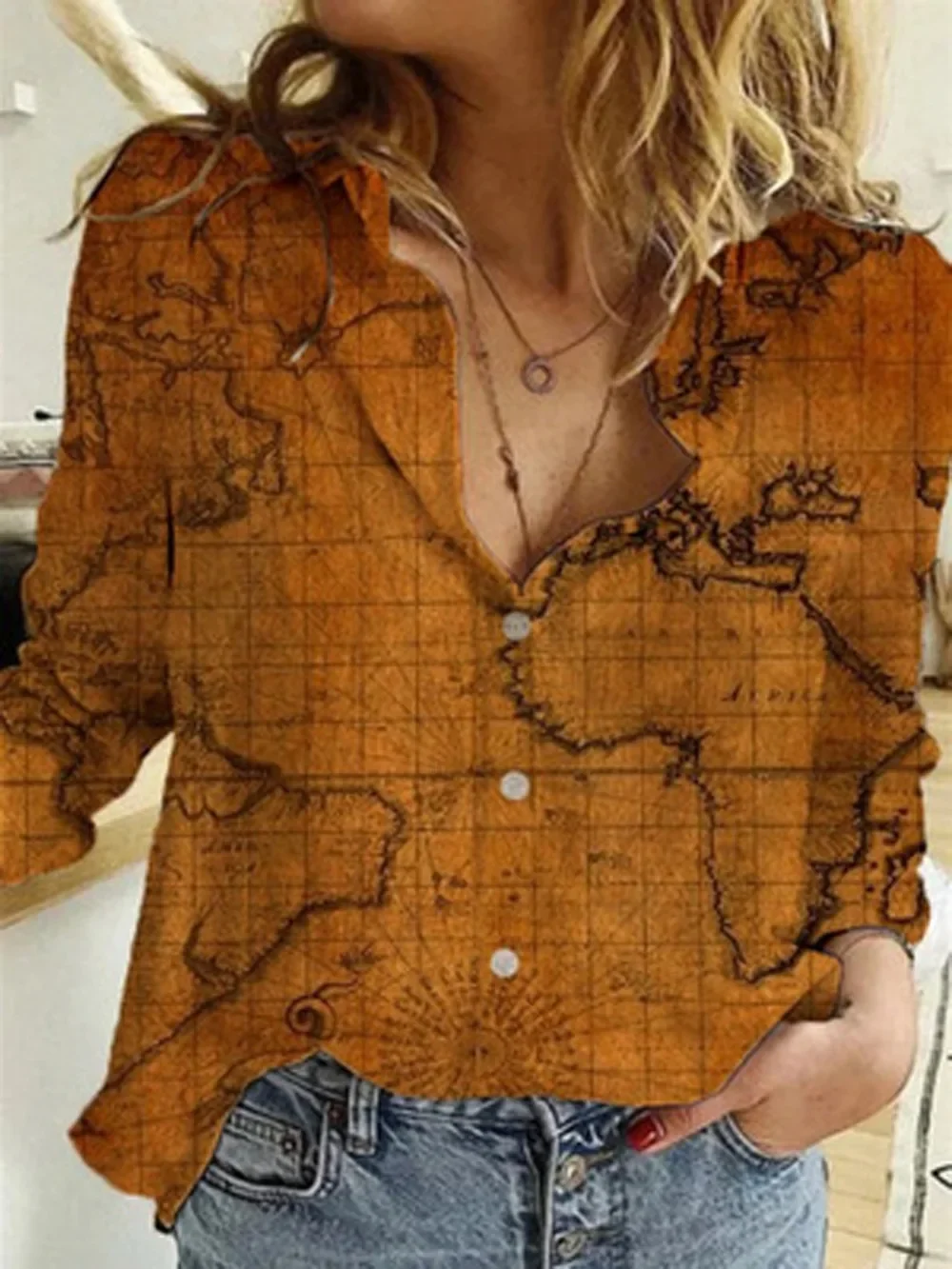European and American Street Dress Women's Spring 2024 New Shirt Fashion Map Depicting Printed Long Sleeve Shirt Women YBF17-3