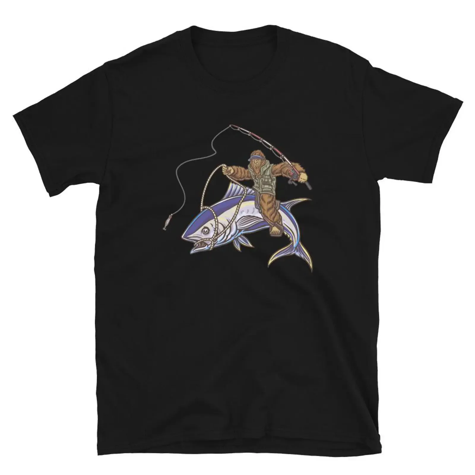 Sasquatch T Shirt Bigfoot Meets Bluefin Tuna Soft Cotton vintage Washed homme streetwear graphic Stretched Casual