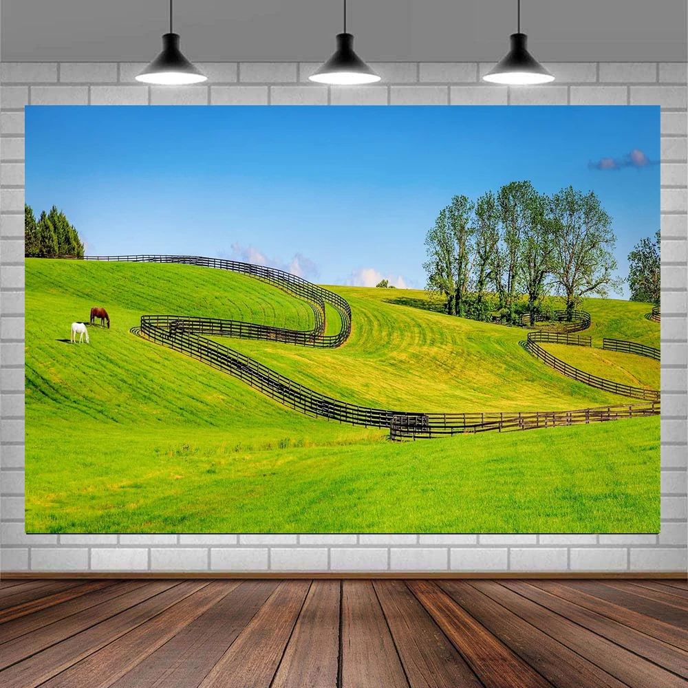Horse Farm Photography Backdrop Rustic Fence Spring Pasture Green Grass Meadow Trees Stud Farm Field Horse Ranch Background