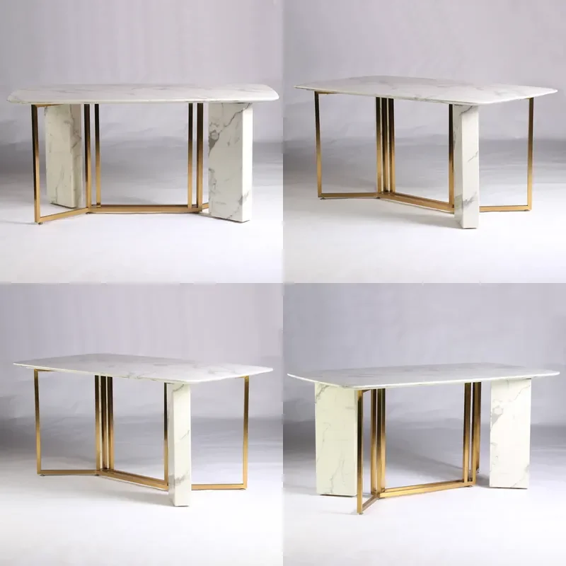 Modern Style Marble Dining Table with Polished Gold Base Rectangular for Cafes Hotels Restaurants