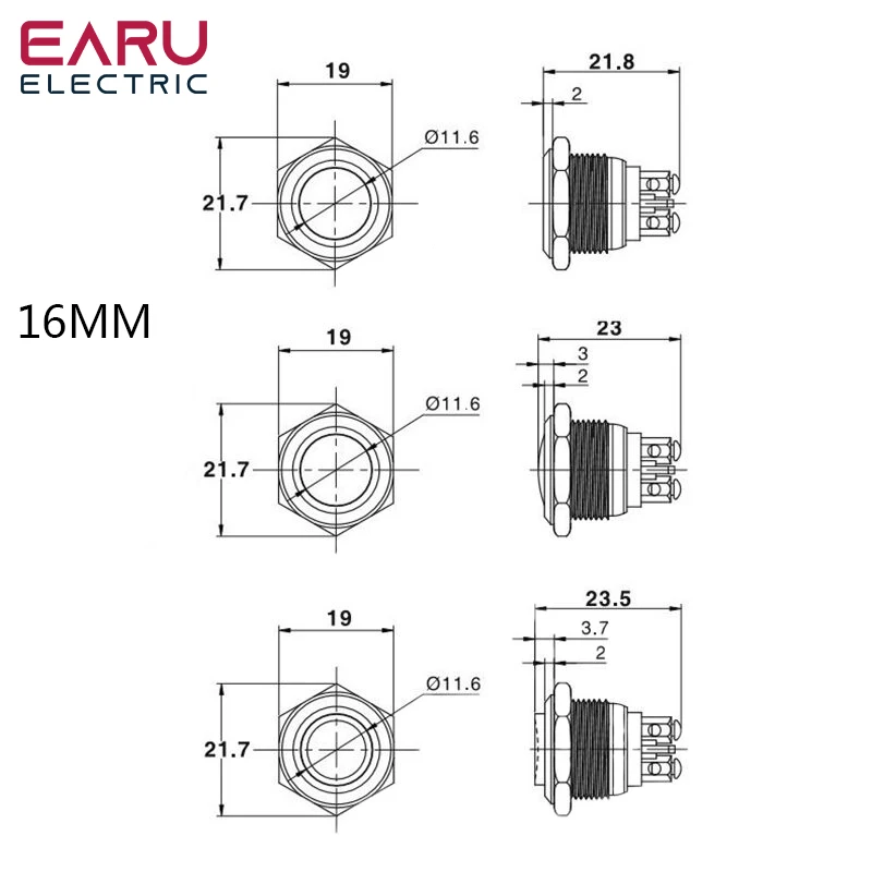 16mm 1NO cabeza plana alta impermeable reinicio momentáneo interruptor de botón de Metal Terminal de tornillo timbre de motor de coche interruptor