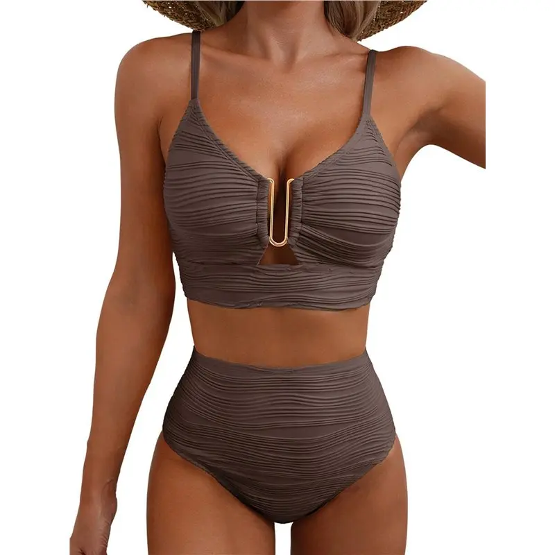 

CYL-Women's 2 Piece Bikini Set U-Wire Cutout Swimsuit High Waisted Textured Beach Swim Bathing Suits
