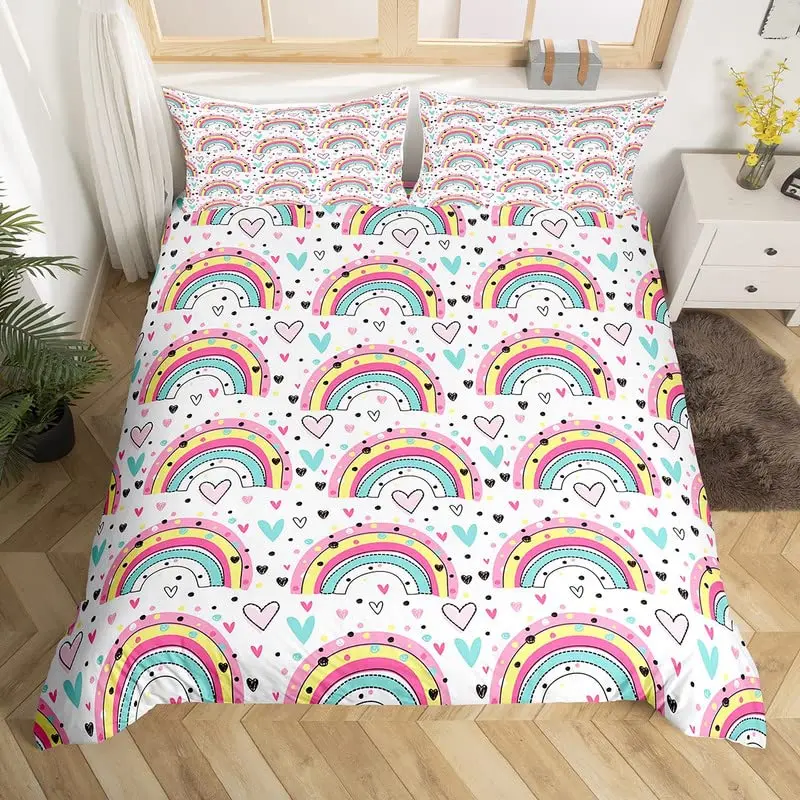 Red Valentine's Day Rainbow Duvet Cover Twin Size,Cartoon Love Heart Bedding Set for Girls Women Moon Leaves Comforter Cover