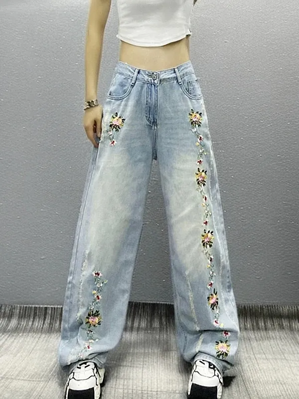 

Elegant Embroidered High Waist Slimming Straight Leg Jeans Casual Washed Denim Wide Leg Pants Adult Spring Season Fashion