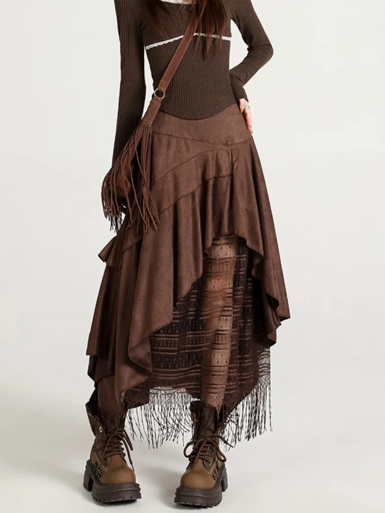 

Юбка трапециевидной формы с высокой талией, женская ранняя осень, новая замшевая длинная юбка-русалка, кружевная модная юбка для тела