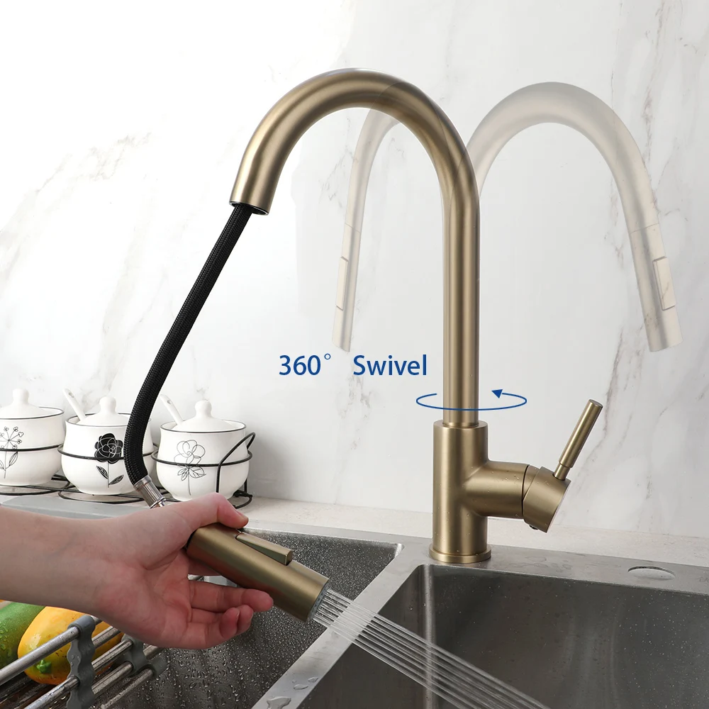 KEMAIDI Brushed Gold Kitchen Faucet with Pull Down Sprayer High Arc Faucets Stainless Steel Kitchen Sink Faucet Mixer Tap