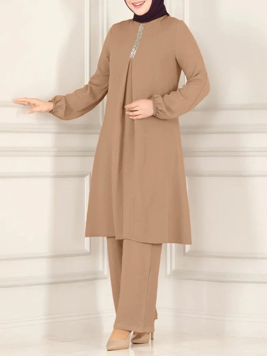 Abaya Muslim Woman Dress Solid Color Elegant Long Sleeved Shirt Loose Wide Leg Pants Set Vintage Prayer Thin Female Clothes 2024