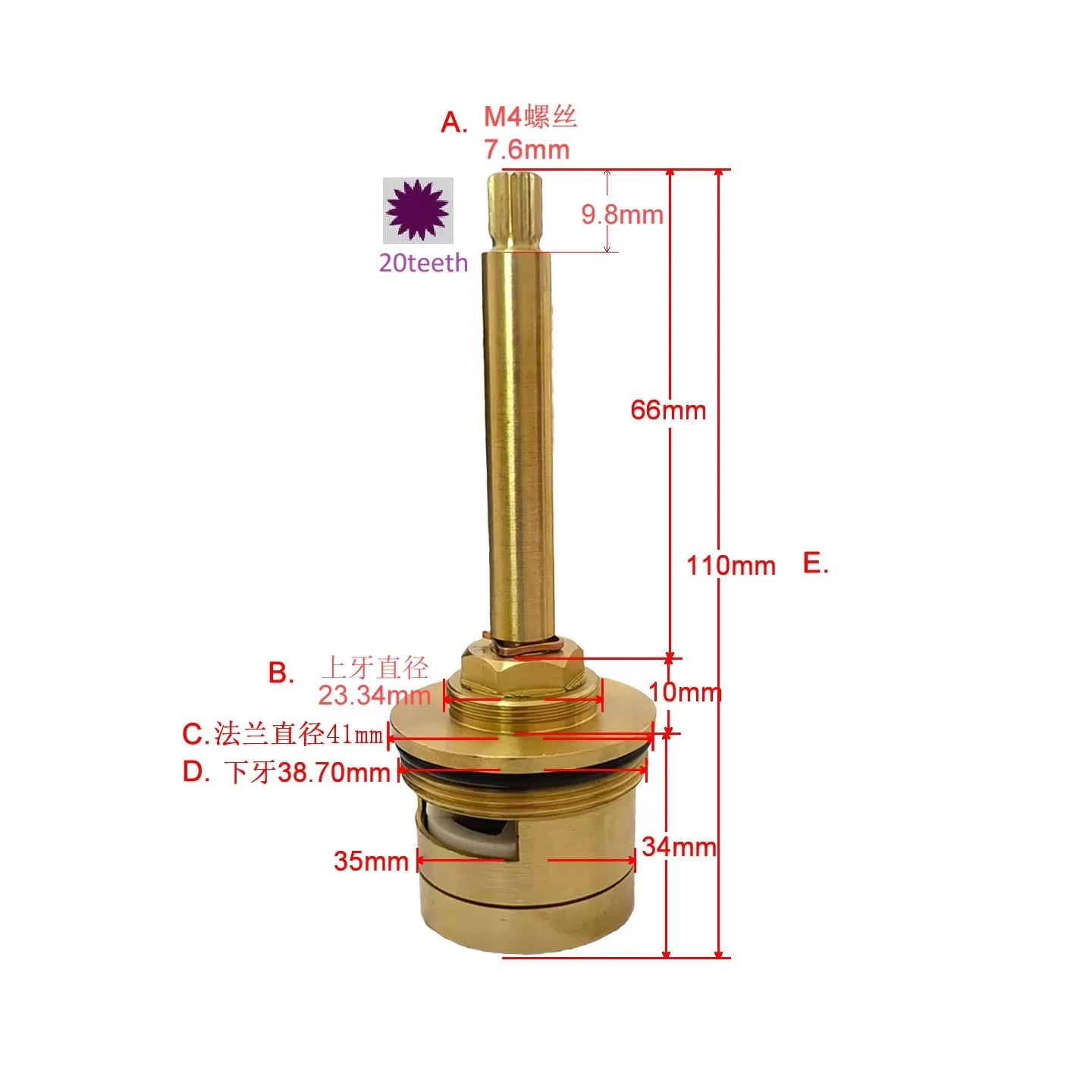 20 Teeth All Brass Faucet Cartridge Water Tap Valve 110mm Faucet Repair Parts 1-inch valve core