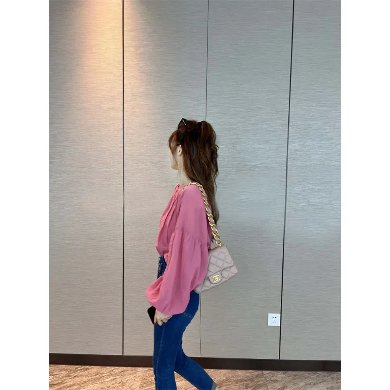 Lanterna manga cor sólida camisa feminina outono 2025 novo estilo francês temperamento commuter nicho chiffon topo