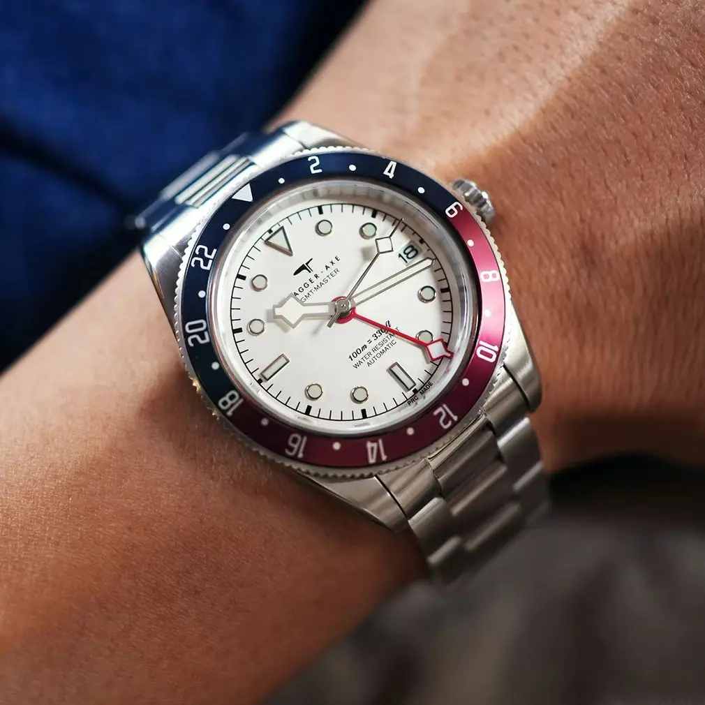 DAGGERAXE Men Automatic Watch 39mm GMT Mechanical Wristwatch 10ATM Waterproof Luminous Sapphire Mirror NH34 Cola Aluminium Bezel