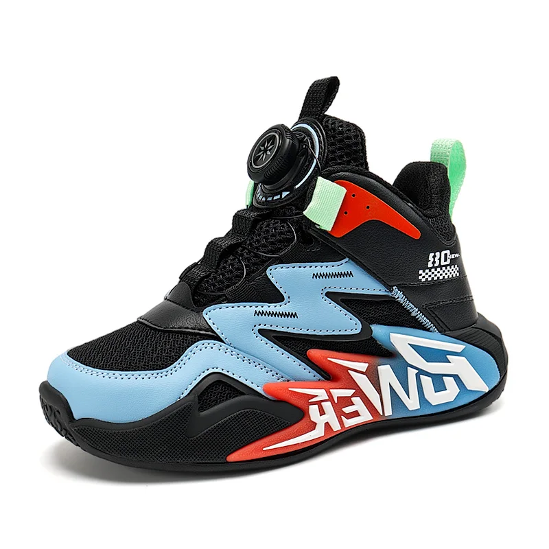 A pair of breathable children's all-weather sports basketball shoes with a rotating-style shoelaces. CT-L8807