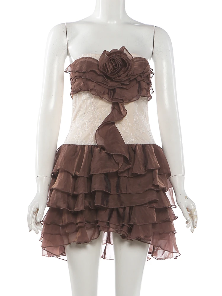 Weird Puss Tiered Kleid Damen 3D-Blumen-Patchwork Jacquard Reißverschluss Brustwickel Ärmellos Süß Elegant Modisch Schick Mini Bodycon – Detail 4