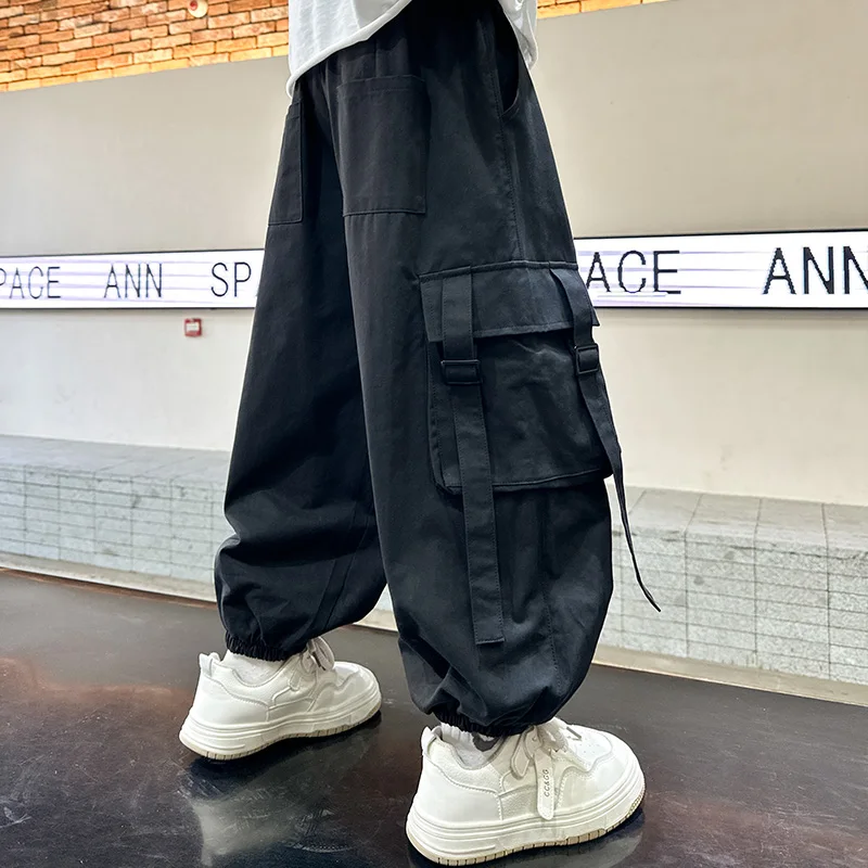 Nuovi pantaloni cargo per bambini primavera autunno per ragazzi pantaloni larghi casual con tasca pantaloni da corsa sportivi in vita elastica per bambini 5-14 anni