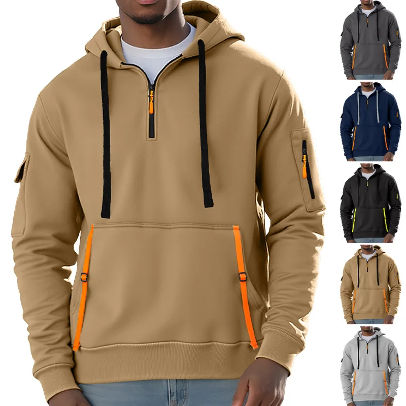 New Men's Autumn Winter Fleece Lined Casual Hoodie Plus Sizes Fashion Zipper Multi-Pocket Pullover Sweatshirt Warm Men's Top