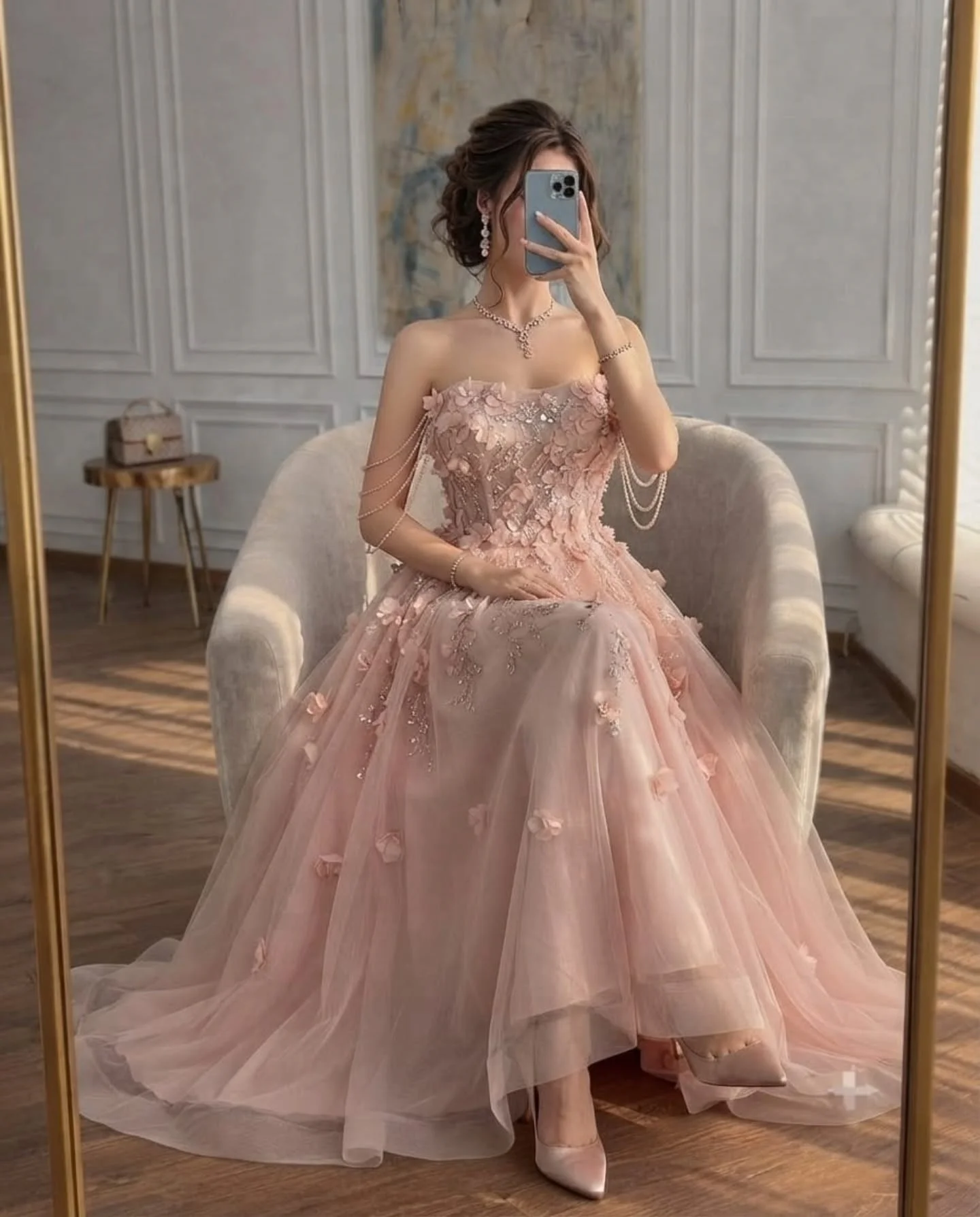 Customized Elegant Pink Prom Dresses Tassel Off Shoulder Applique Tulle Women's Formal Evening Gowns Crystal Evening Dresses