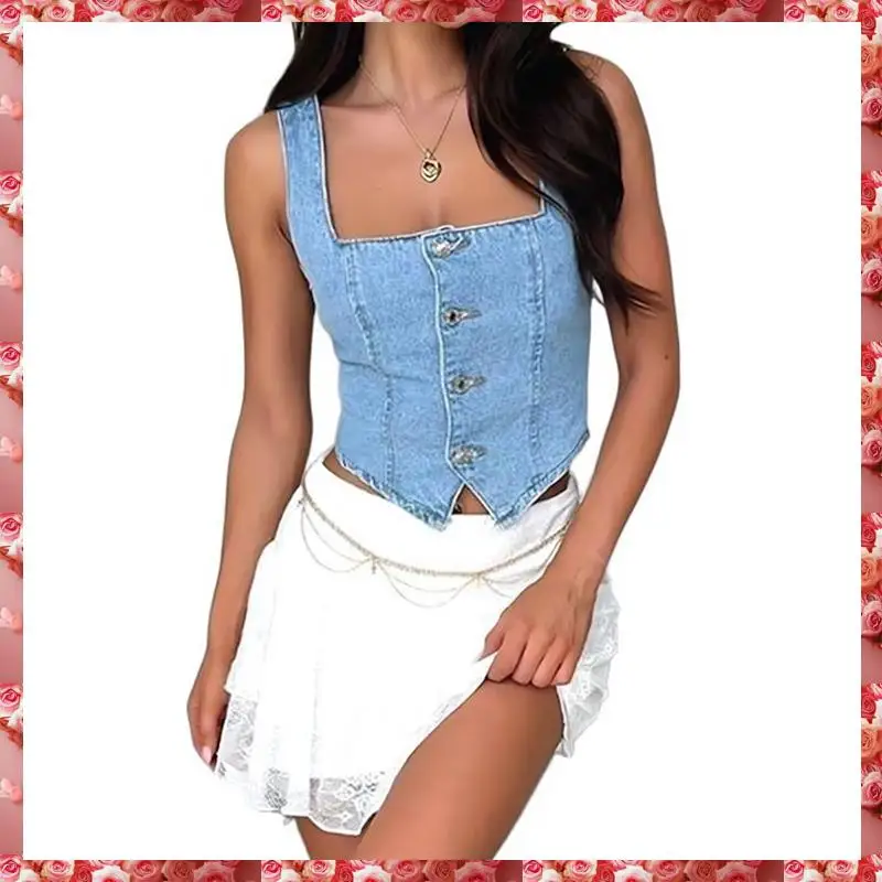 Feminino denim colheita colete y2k botão para baixo sem mangas colheita topo jean tanque superior magro sem costas espartilho topo smocking colete