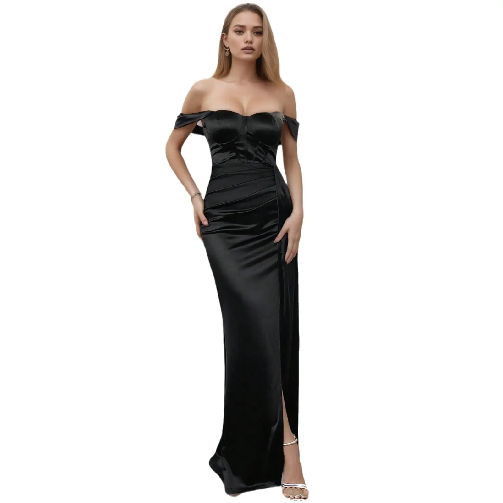 Sexy schulterfreier Abend Dr. Damen-Rock mit hoher Taille, Fi-Schwanz, langer Rock, einteilig, Reißverschluss, H-Ape, Polyester, Frühling 2025,