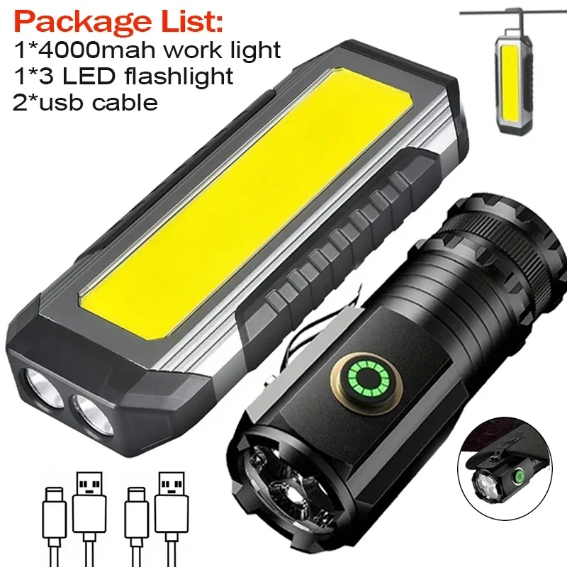 Rechargeable Work Light LED 4000MaH Portable Flashlight Magnetic Lamp 7 Modes With Hooks for Car Inspection Camping Lighting