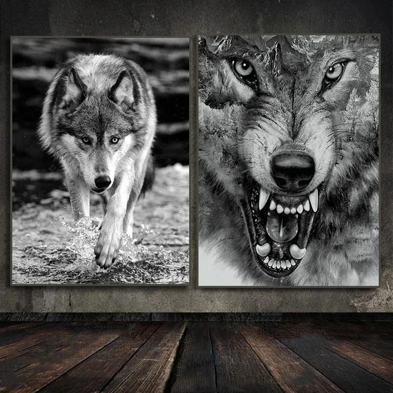 Black and White Forest Wolf Head Wall Art Wildlife Wolf Poster Oil  Decoration  Nordic Style Office Home Decor